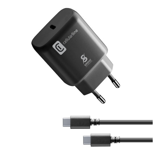 Cellular Line Φορτιστής με Θύρα USB-C και Καλώδιο USB-C 25W Power Delivery Μαύρος (ACHSMKITC2CPD25W) - Image 1