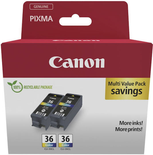 Canon CLI-36 Γνήσιο Πακέτο 2 Μελανιών Εκτυπωτή InkJet Πολλαπλό (Color) (1511B025) - Image 1