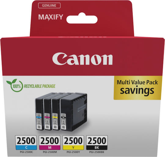 Canon PGI-2500 Γνήσιο Πακέτο 4 Μελανιών Εκτυπωτή InkJet Κίτρινο / Κυανό / Ματζέντα / Μαύρο (9290B006) - Image 1