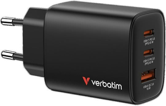 Verbatim Φορτιστής Χωρίς Καλώδιο GaN με Θύρα USB-A και 2 Θύρες USB-C 65W Power Delivery / Quick Charge 3.0 Μαύρος (Essentials) - Image 1