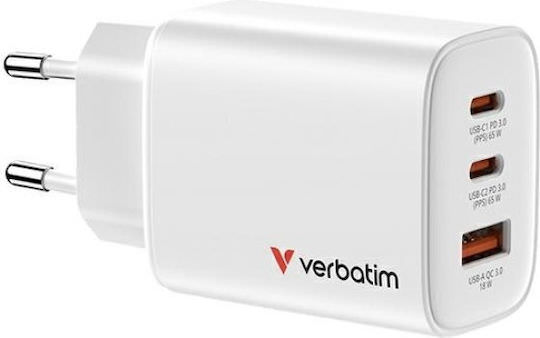 Verbatim Φορτιστής Χωρίς Καλώδιο GaN με Θύρα USB-A και 2 Θύρες USB-C 65W Power Delivery / Quick Charge 3.0 Λευκός (Essentials) - Image 1