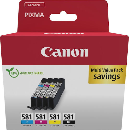 Canon CLI-581 Γνήσιο Πακέτο 4 Μελανιών Εκτυπωτή InkJet Κίτρινο / Κυανό / Ματζέντα / Μαύρο (2103C006) - Image 1