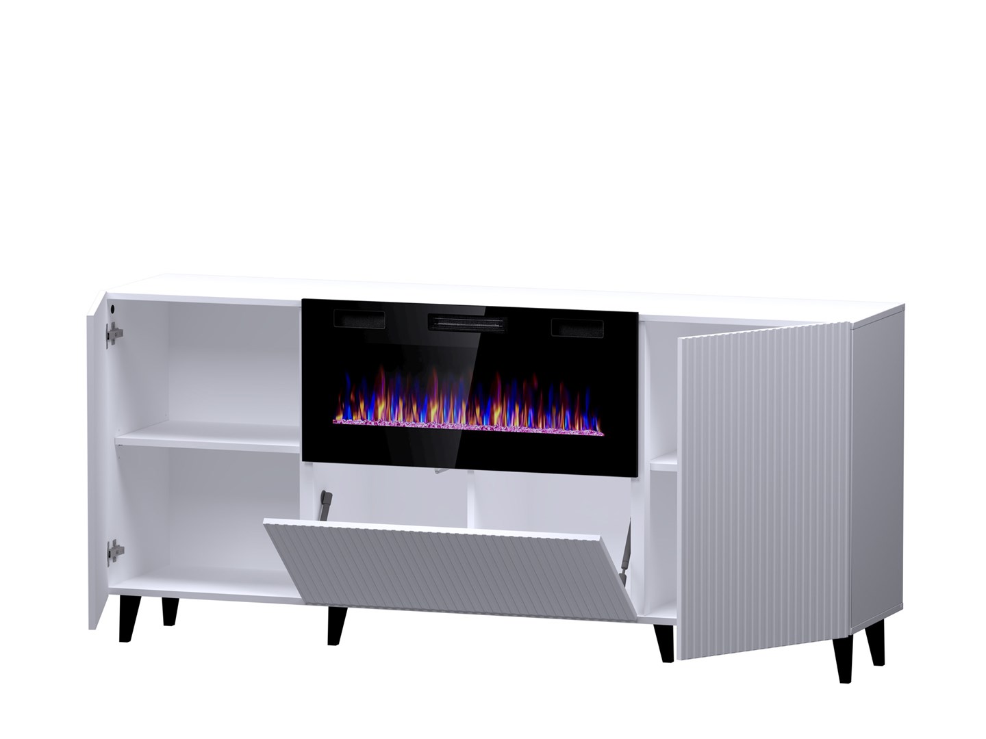 PAFOS chest of drawers with electric fireplace 180x42x82 cm white matt - Image 1