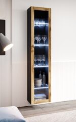 Vigo Wall Living Room Display Cabinet made of Particleboard with Glass Black / Wotan Oak 40x30x180cm - Image 3