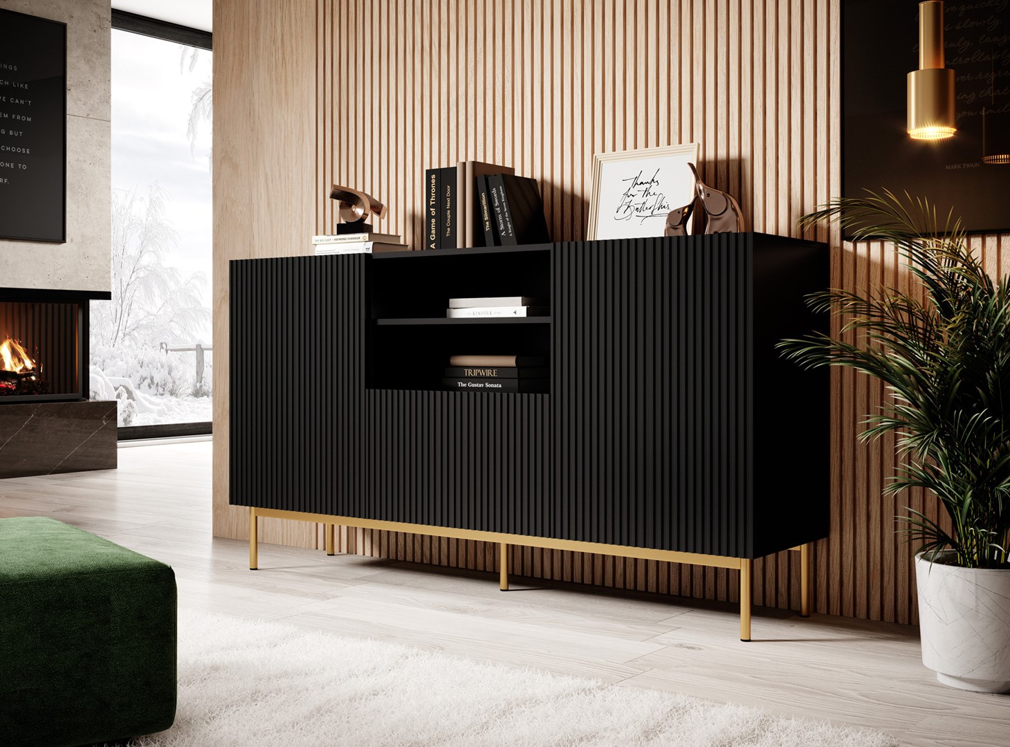 PAFOS chest of drawers on golden steel frame 150x40x90 cm matte black - Image 1