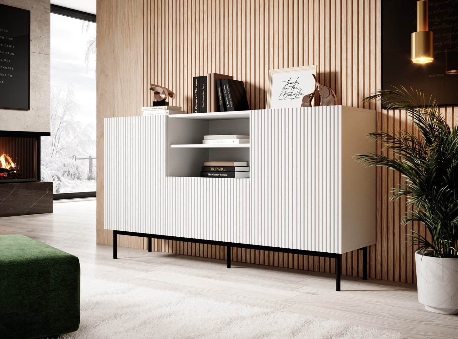 PAFOS chest of drawers on a black steel frame 150x40x90 cm white matt - Image 1