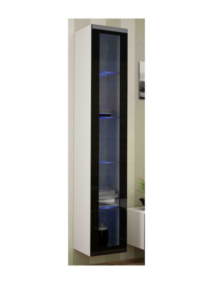 Vigo 180 Floor-standing Living Room Display Cabinet made of Particleboard with Glass & Lighting White / Black Gloss 40x30x180cm