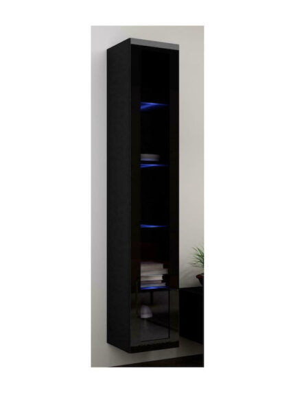 Vigo 180 Floor-standing Living Room Display Cabinet made of Particleboard with Glass Black / Black Gloss 40x30x180cm