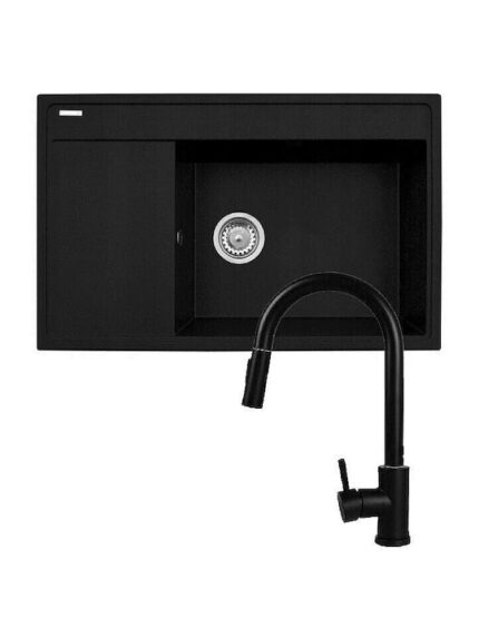 Pyramis Camea Drop-In Kitchen Sink Made of Liquid Granite with Faucet L79xW50cm Black