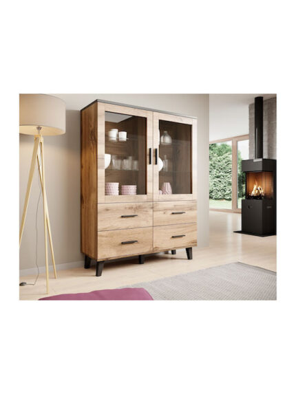 Floor-standing Living Room Display Cabinet made of Solid Wood with Glass Black 51x17x147cm