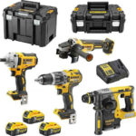 DEWALT DCK428P3T Σετ Γωνιακός Τροχός, Κρουστικό Δραπανοκατσάβιδο, Μπουλονόκλειδο & Πιστολέτο Brushless 18V με 3 Μπαταρίες 5Ah και Θήκη