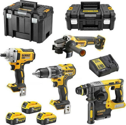 DEWALT DCK428P3T Σετ Γωνιακός Τροχός, Κρουστικό Δραπανοκατσάβιδο, Μπουλονόκλειδο & Πιστολέτο Brushless 18V με 3 Μπαταρίες 5Ah και Θήκη