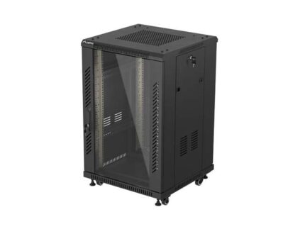 Szafa instalacyjna rack stojąca 19 cali 18U 600x600 drzwi przeszklone (Flat pack) czarna