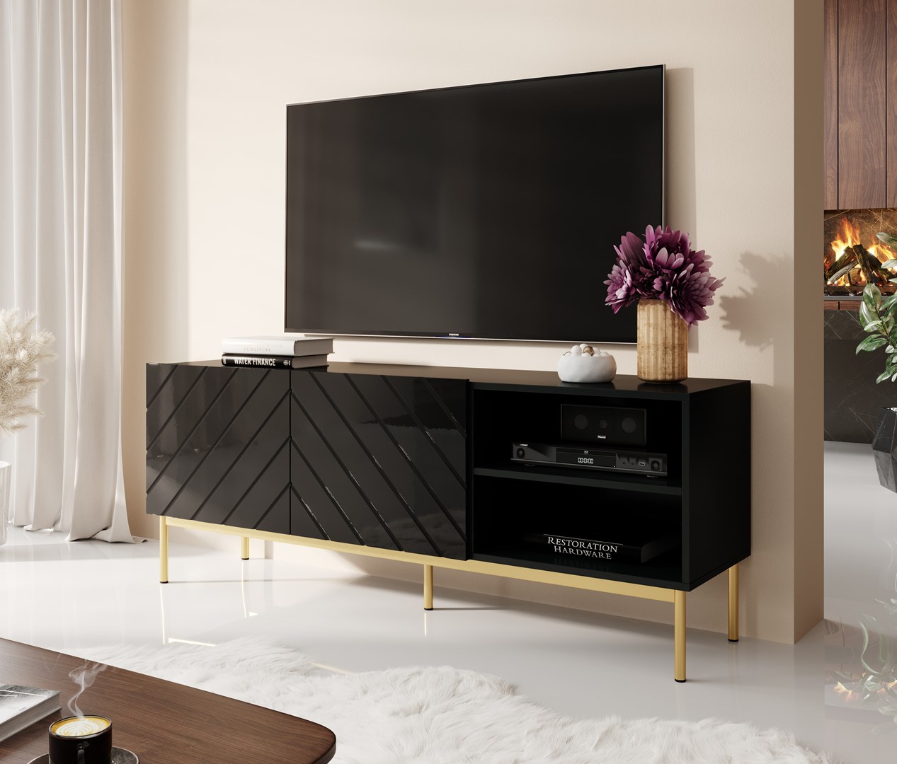 ABETO RTV cabinet on golden steel frame 150x42x60 black/gloss black - Image 1