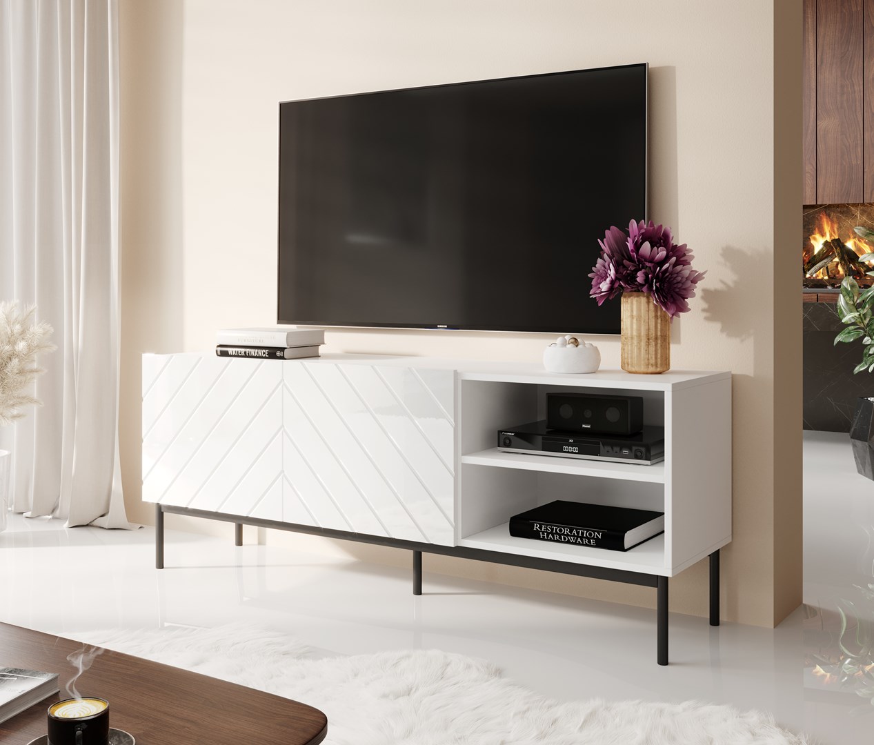 ABETO RTV cabinet on black steel frame 150x42x60 cm white/gloss white - Image 1