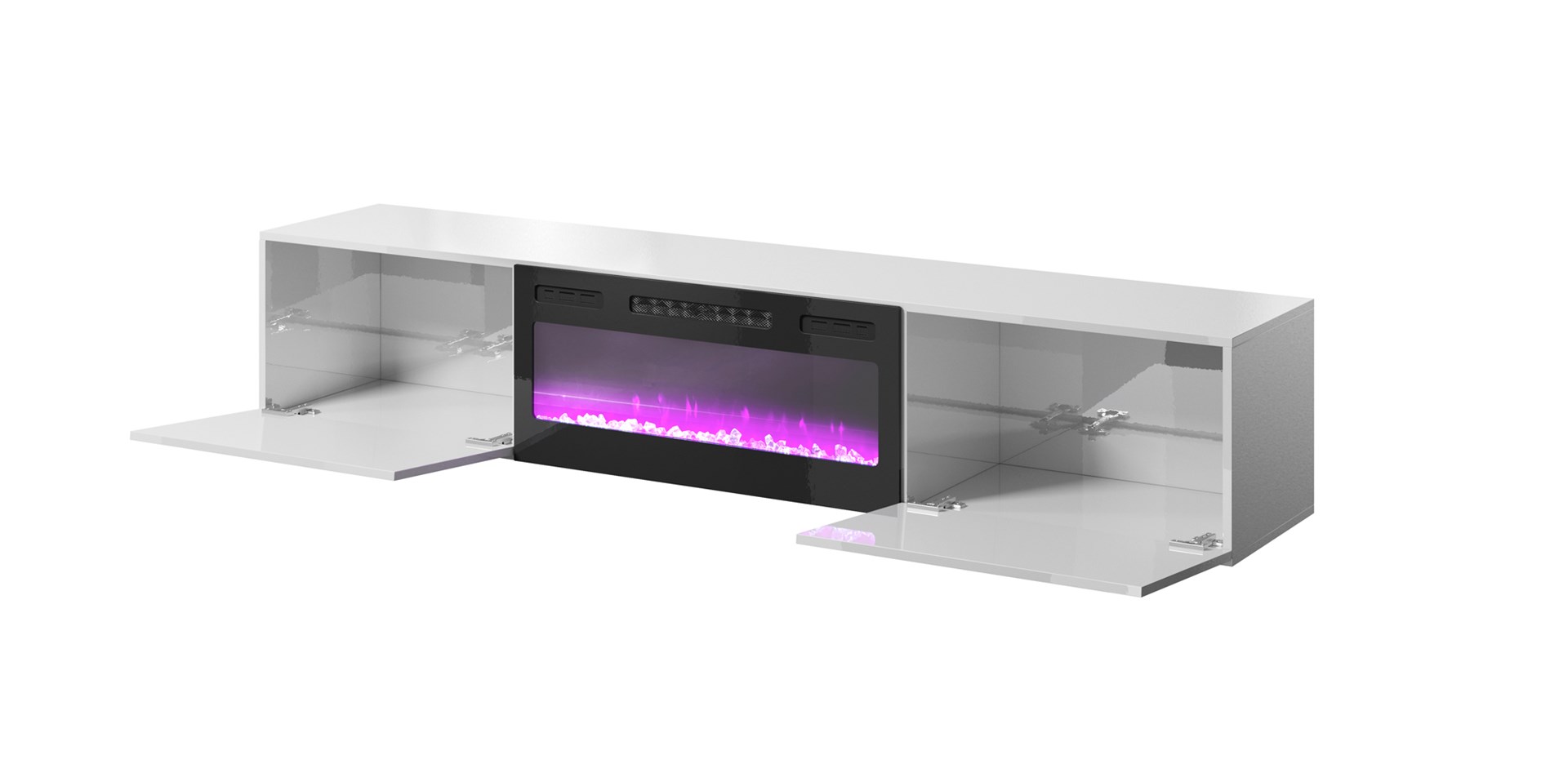 RTV cabinet SLIDE 200K with electric fireplace 200x40x37 cm all in gloss white - Image 1