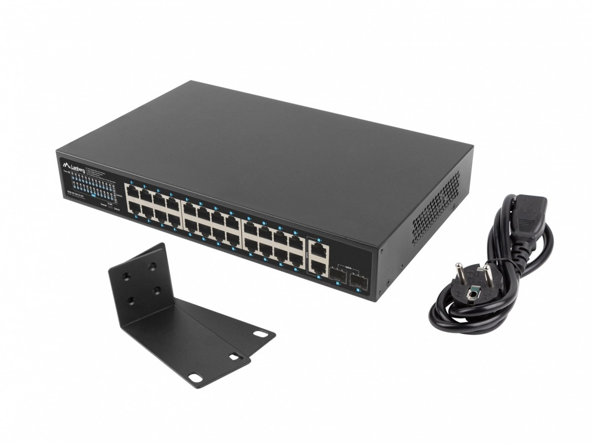 858238_1744541.jpeg Lanberg RSGE-24P-2GE-2S-250 Unmanaged L2 PoE+ Switch with 24 Gigabit (1Gbps) Ethernet Ports and 2 SFP Ports - Image 1
