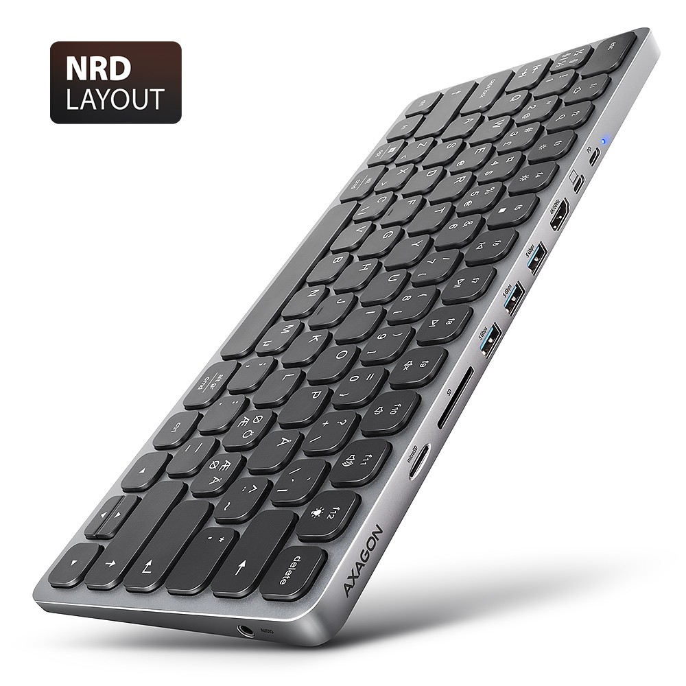 989850_2059660.jpeg Klawiatura HMC-KB-NRD USB-C 5Gbps z wieloportowy hub 9in1, SD/microSD, 3x USB-A, HDMI 4K/60Hz, PD 100W, Audio, Nordic layout, 60cm USB-C kabel - Image 1