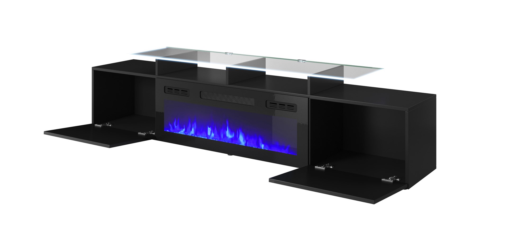 RTV cabinet ROVA with electric fireplace 190x37x48 cm black/black gloss - Image 1