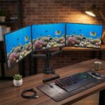 Maclean Energy MC-811 Stand Desk Mounted for 3 Monitors up to 27" with Arm - Image 5