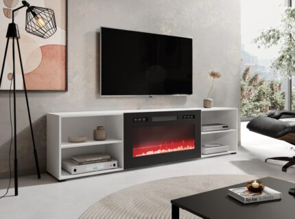 RTV cabinet POLO 200x33x50.5 white + fireplace black
