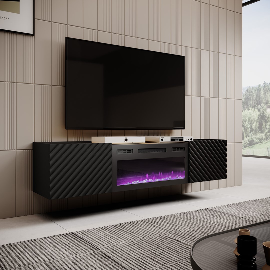 RTV cabinet with electric fireplace ONDA 180x40x39-58 black (standing or wall mounted) - Image 1