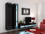 Vigo Wall Living Room Display Cabinet made of Particleboard with Glass & Lighting Black / Black Gloss 40x30x180cm - Image 9