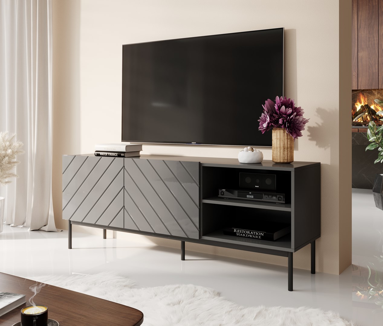 ABETO RTV cabinet on black steel frame 150x42x60 cm graphite/glossy graphite - Image 1