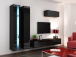 Vigo Wall Living Room Display Cabinet made of Particleboard with Glass & Lighting Black / Black Gloss 40x30x180cm - Image 7