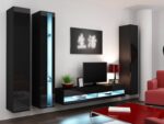 Vigo Wall Living Room Display Cabinet made of Particleboard with Glass & Lighting Black / Black Gloss 40x30x180cm - Image 4