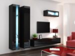 Vigo Wall Living Room Display Cabinet made of Particleboard with Glass & Lighting Black / Black Gloss 40x30x180cm - Image 8