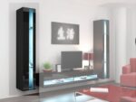 Vigo Wall Living Room Display Cabinet made of Particleboard with Glass & Lighting Black / Black Gloss 40x30x180cm - Image 5