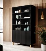 Pafos Floor-standing Living Room Display Cabinet made of Particleboard with Glass Black 40x40x176cm - Image 2