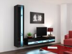 Vigo Wall Living Room Display Cabinet made of Particleboard with Glass & Lighting Black / Black Gloss 40x30x180cm - Image 6