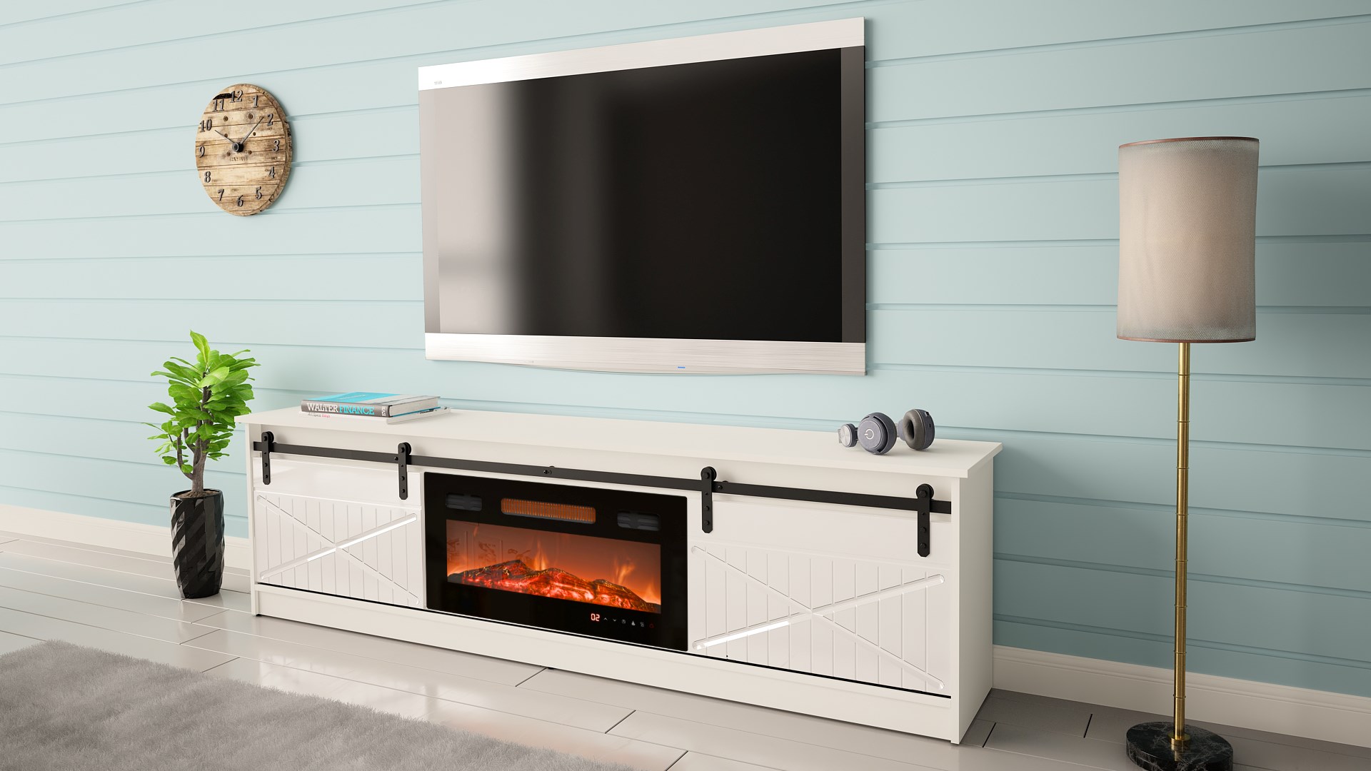 RTV GRANERO + fireplace cabinet 200x56.7x35 white/gloss white - Image 1