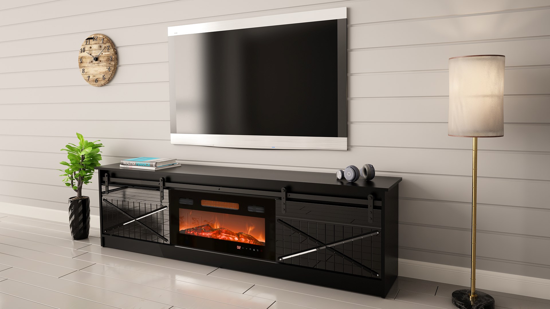 RTV GRANERO + fireplace cabinet 200x56.7x35 black/black gloss - Image 1
