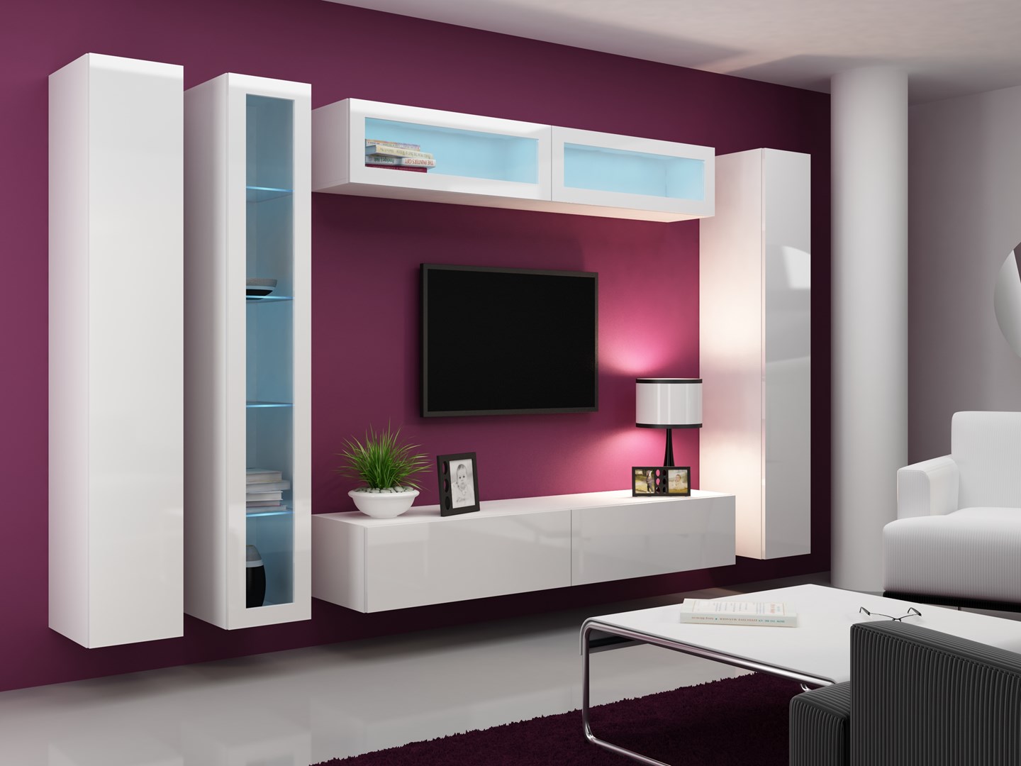 Vigo 180 Wall Living Room Display Cabinet made of Particleboard with Glass White / White Gloss 40x30x180cm - Image 1