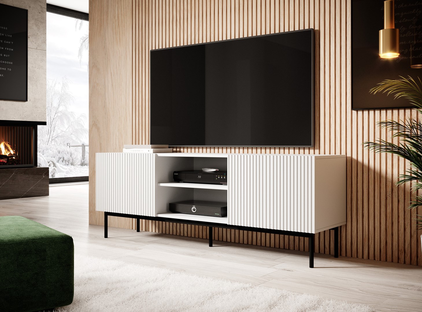 PAFOS RTV cabinet on black steel frame 150x40x60 cm white matt - Image 1