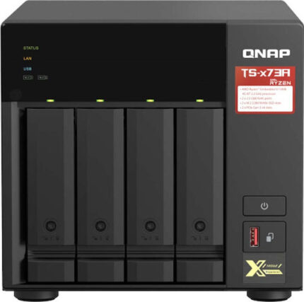 QNap TS-473A-8G NAS Tower with 4 slots for HDD/M.2/SSD and 2 Ethernet ports