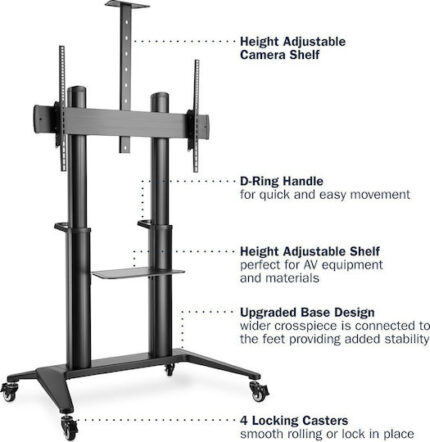 Stojak mobilny pojedynczy z półką i uchwytem na kamerę, 1xLCD max. 120" max. 140kg, VESA max. 1000x600