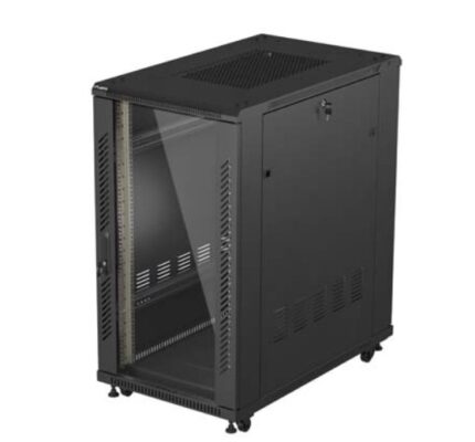 Szafa instalacyjna rack stojąca 19" 22U 600x1000 czarna drzwi   przeszkolne ( flat pack)
